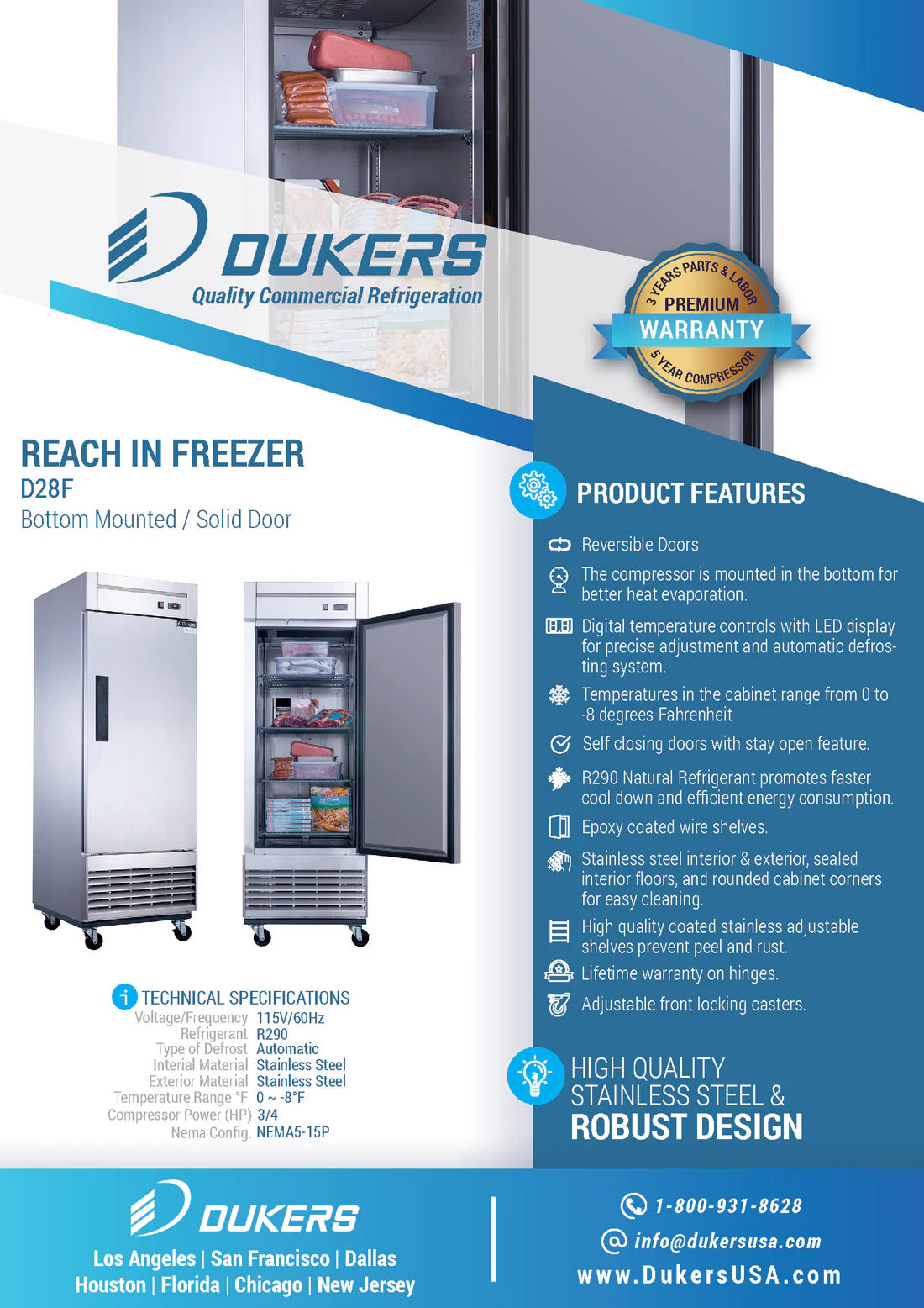 D28F Single Door Commercial Freezer in Stainless Steel