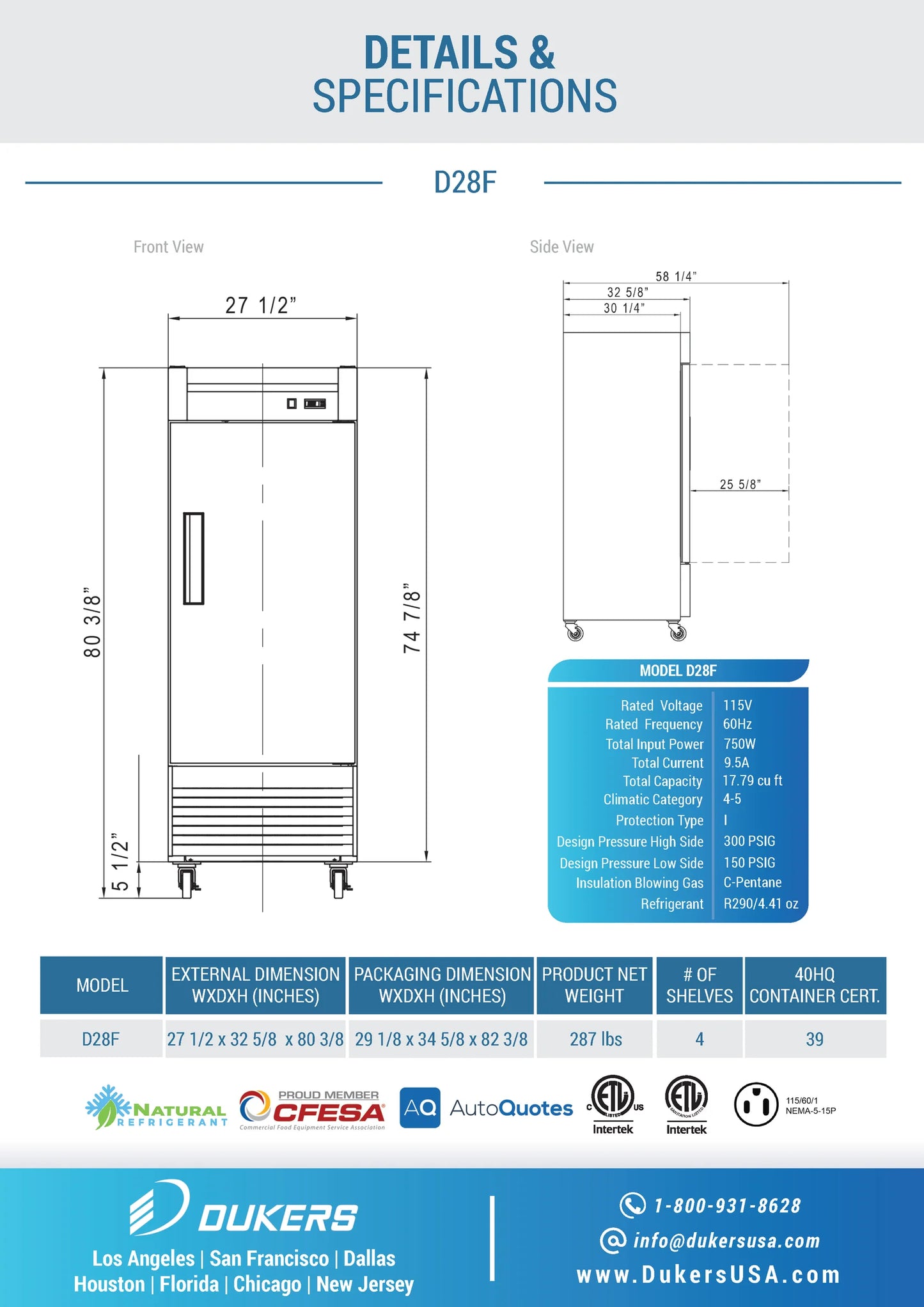 D28F Single Door Commercial Freezer in Stainless Steel