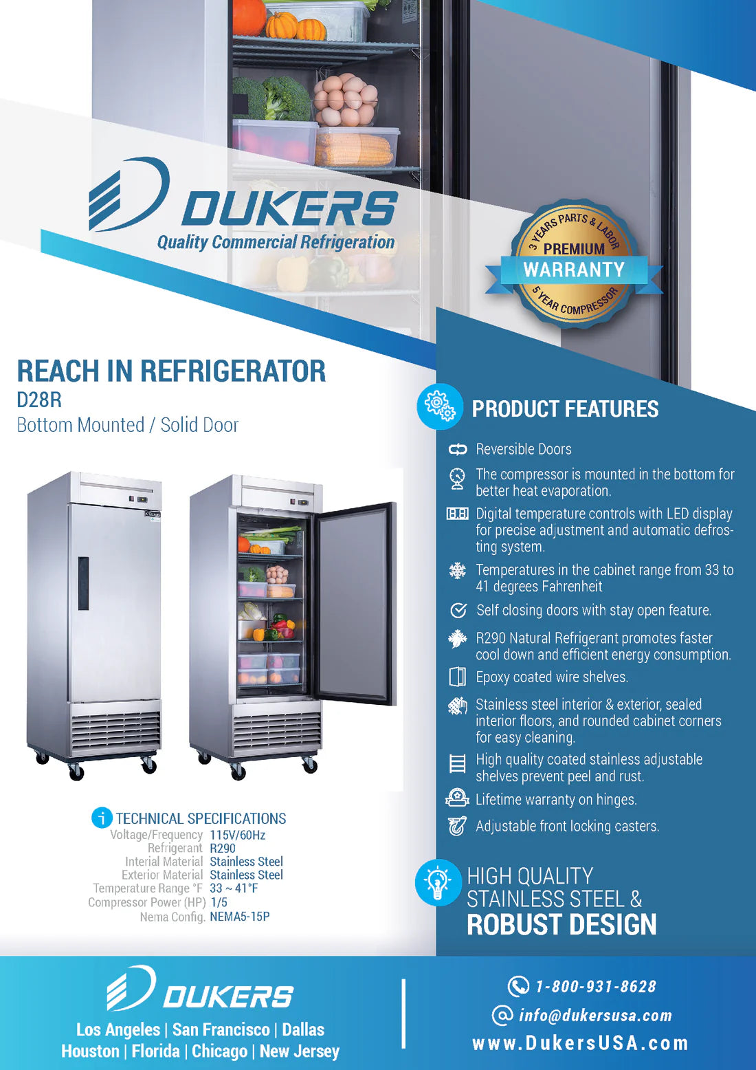 D28R Single Door Commercial Refrigerator in Stainless Steel