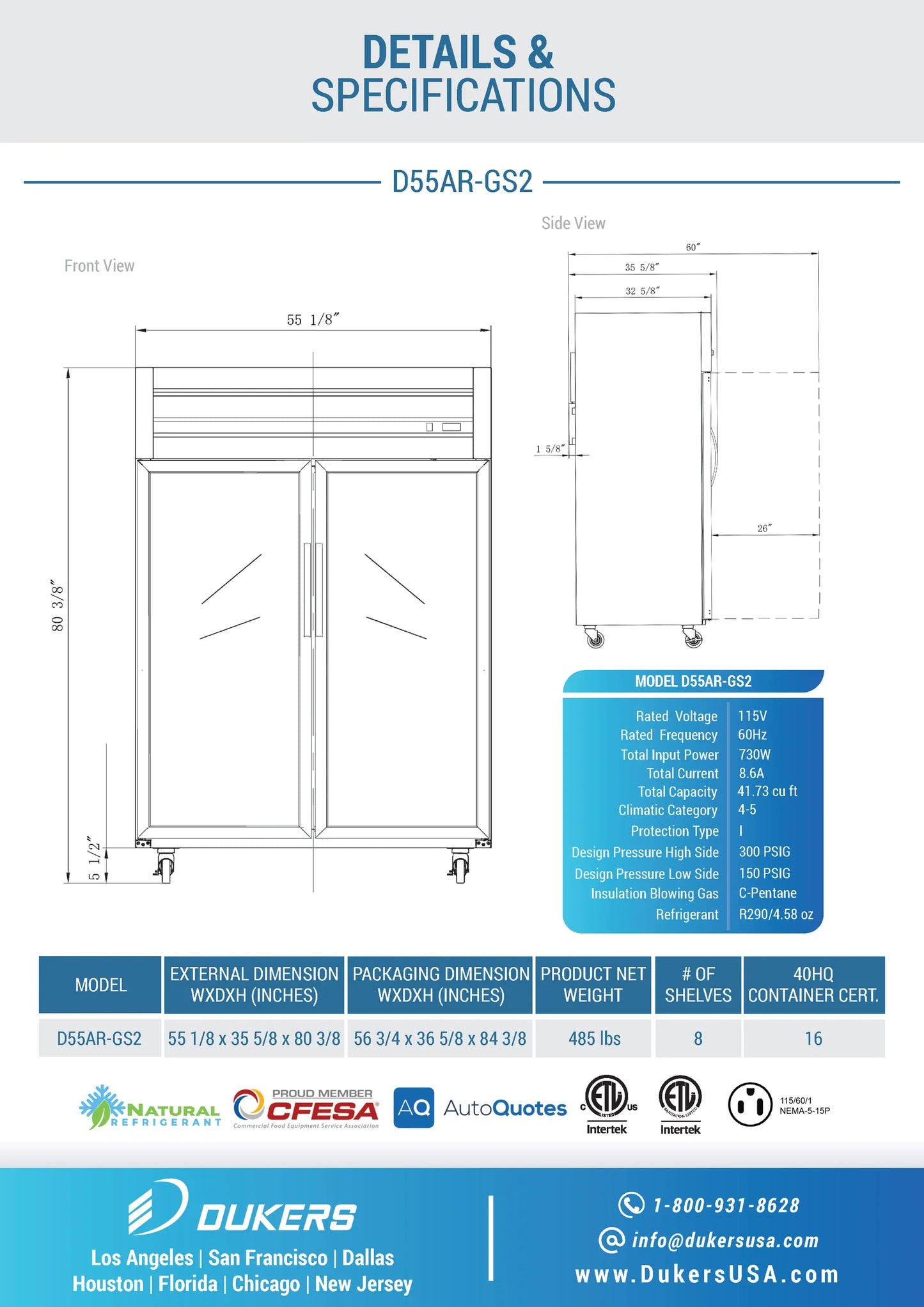 D55AR-GS2 Top Mount Glass 2-Door Commercial Reach-in Refrigerator