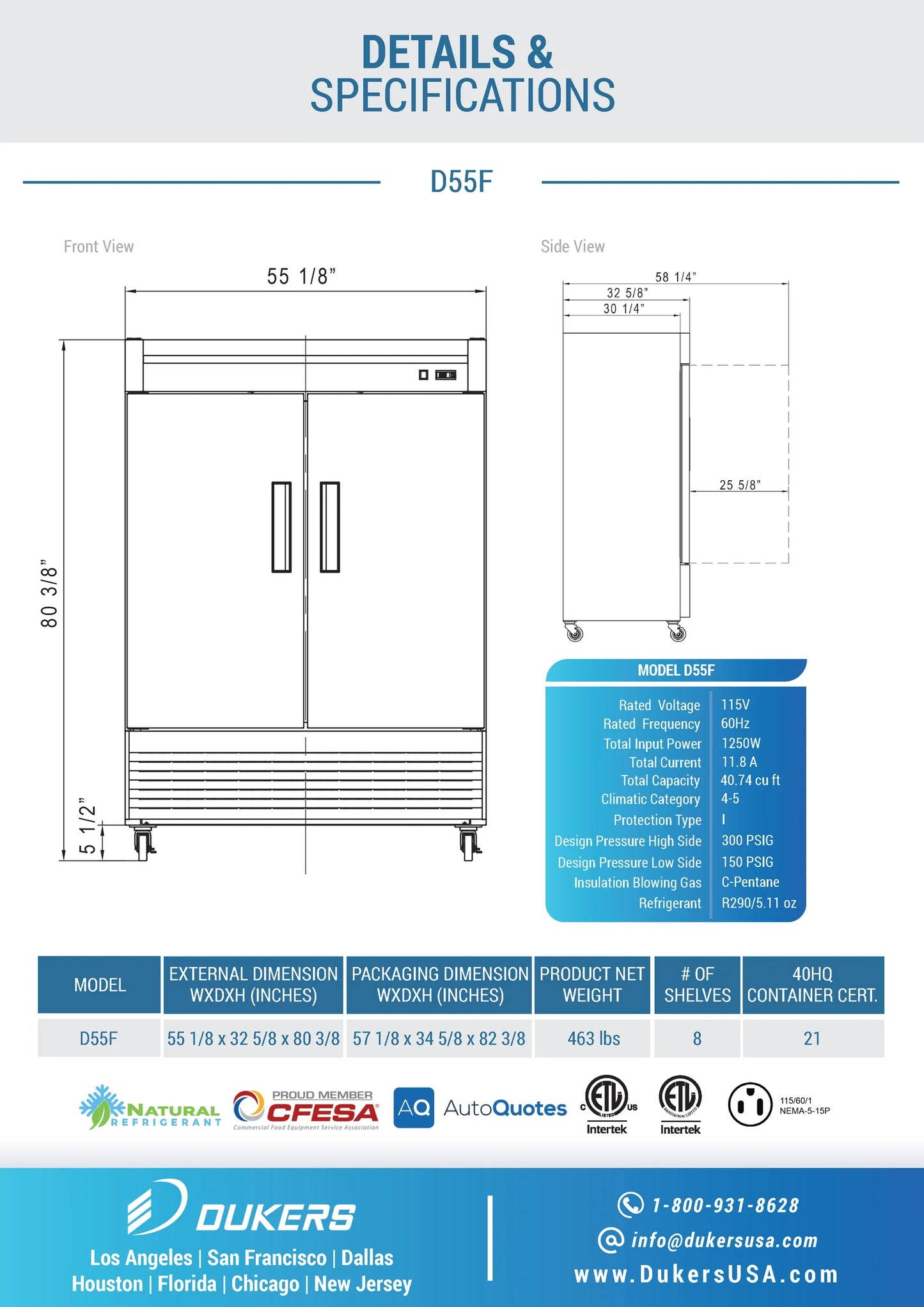 D55F 2-Door Commercial Freezer in Stainless Steel