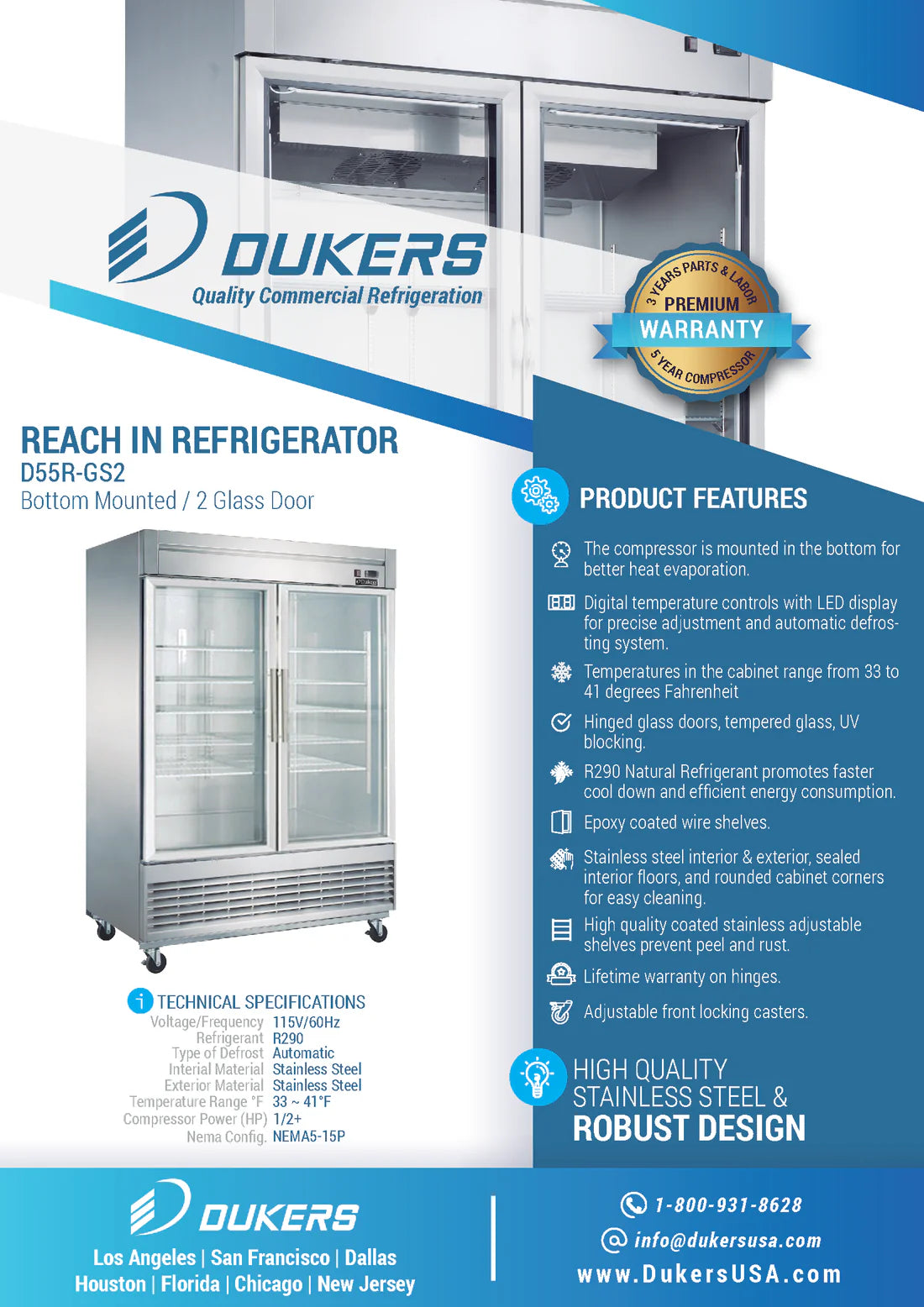 D55R-GS2 Bottom Mount Glass 2-Door Commercial Reach-in Refrigerator