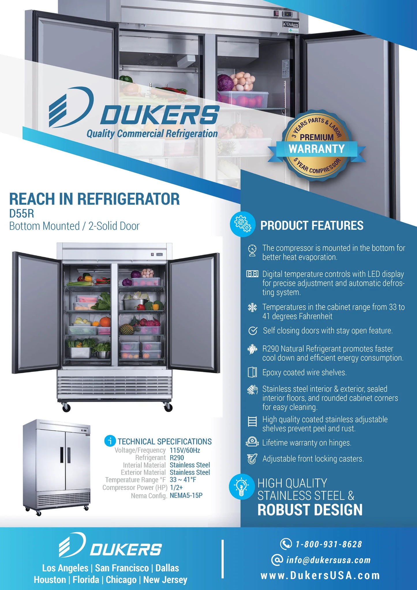 D55R 2-Door Commercial Refrigerator in Stainless Steel