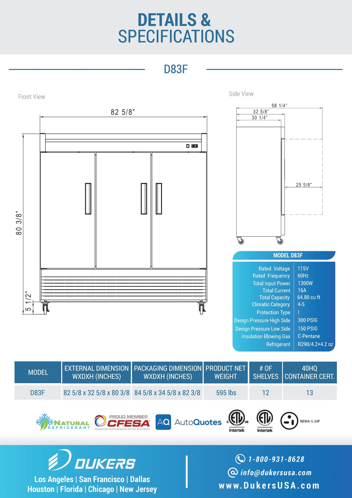 D83F 3-Door Commercial Freezer in Stainless Steel