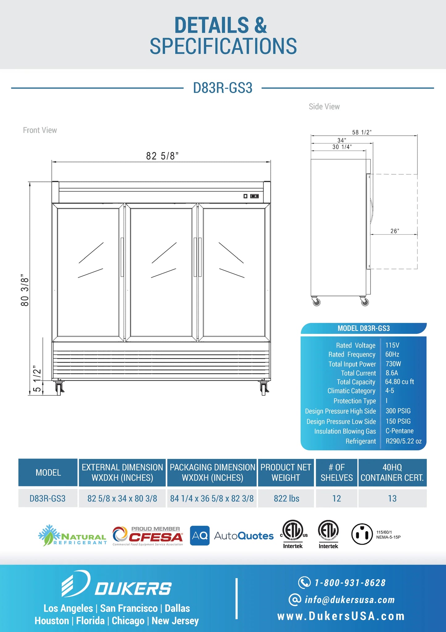 D83R-GS3 Bottom Mount Glass 3-Door Commercial Reach-in Refrigerator