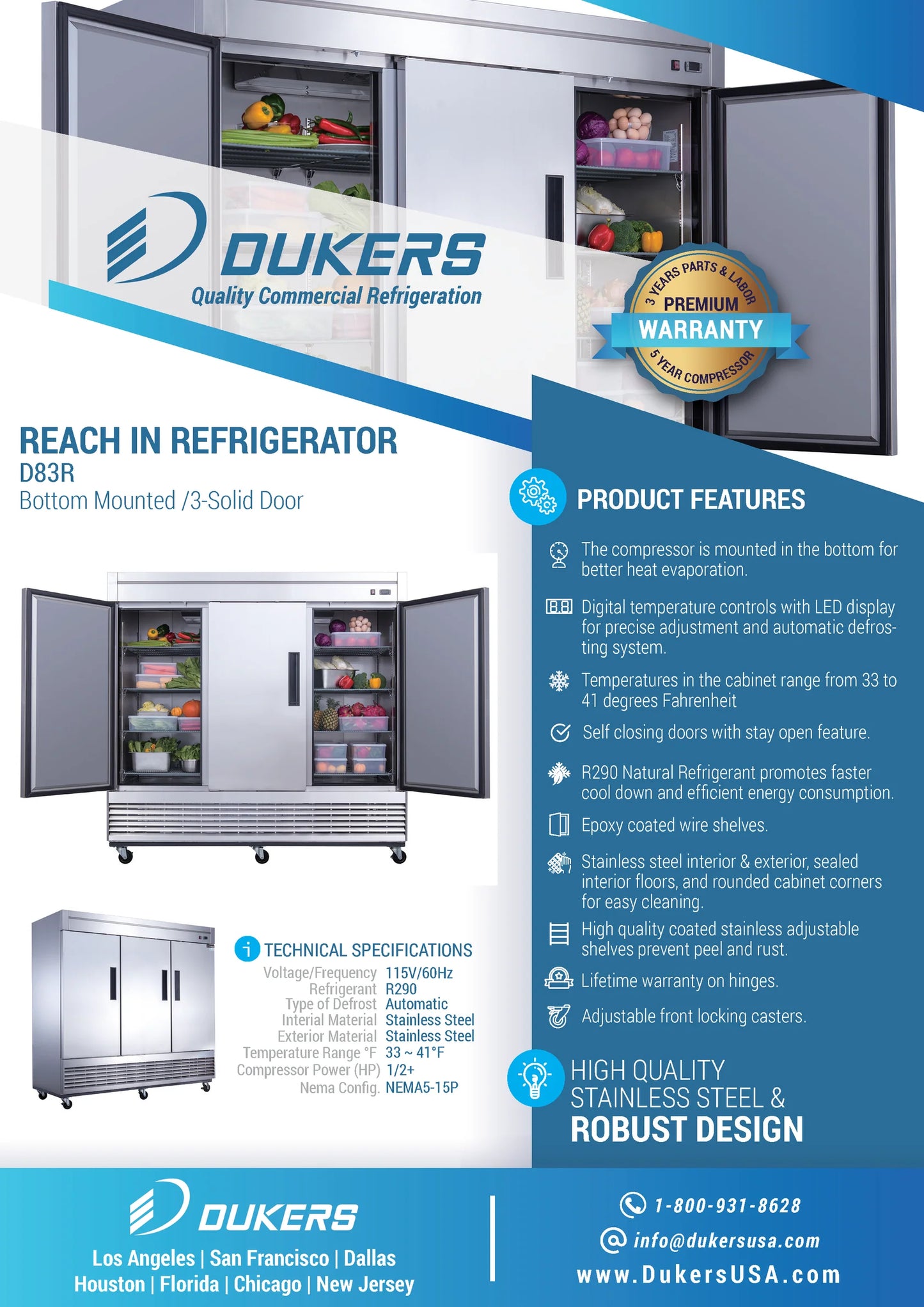 D83R 3-Door Commercial Refrigerator in Stainless Steel