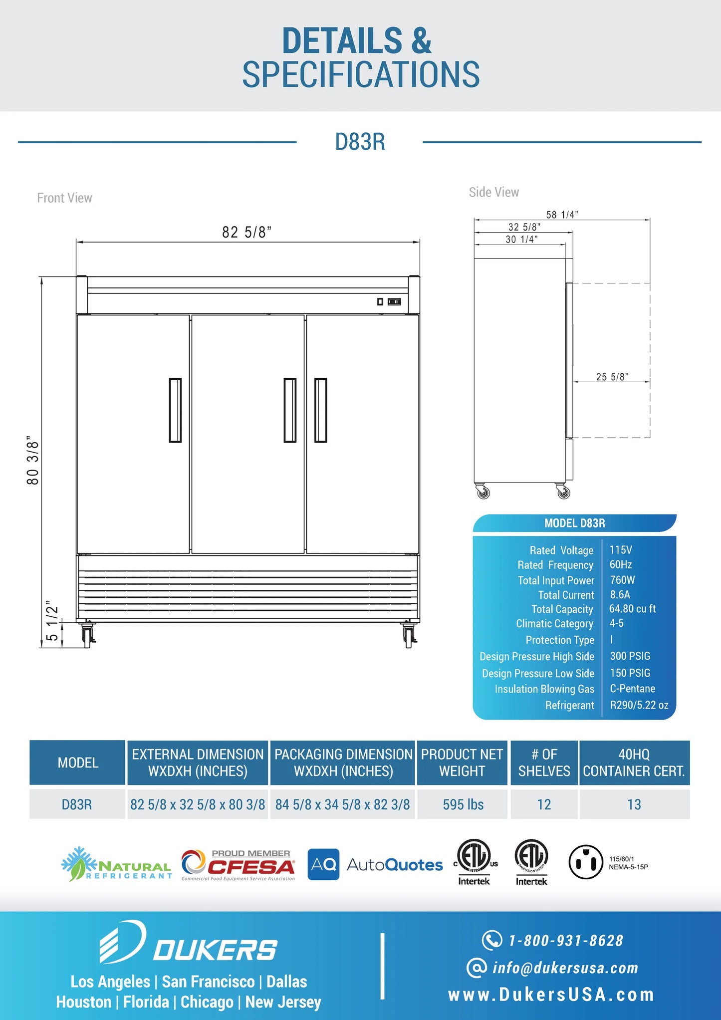 D83R 3-Door Commercial Refrigerator in Stainless Steel