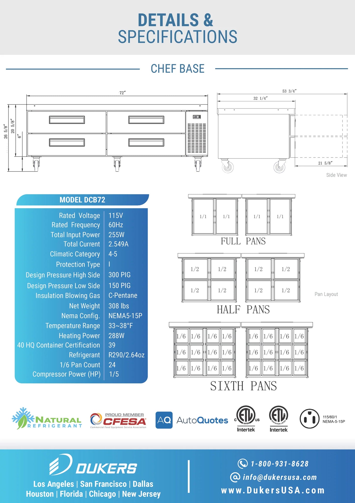 DCB72-D4 Chef Base Refrigerator with 4 Drawers