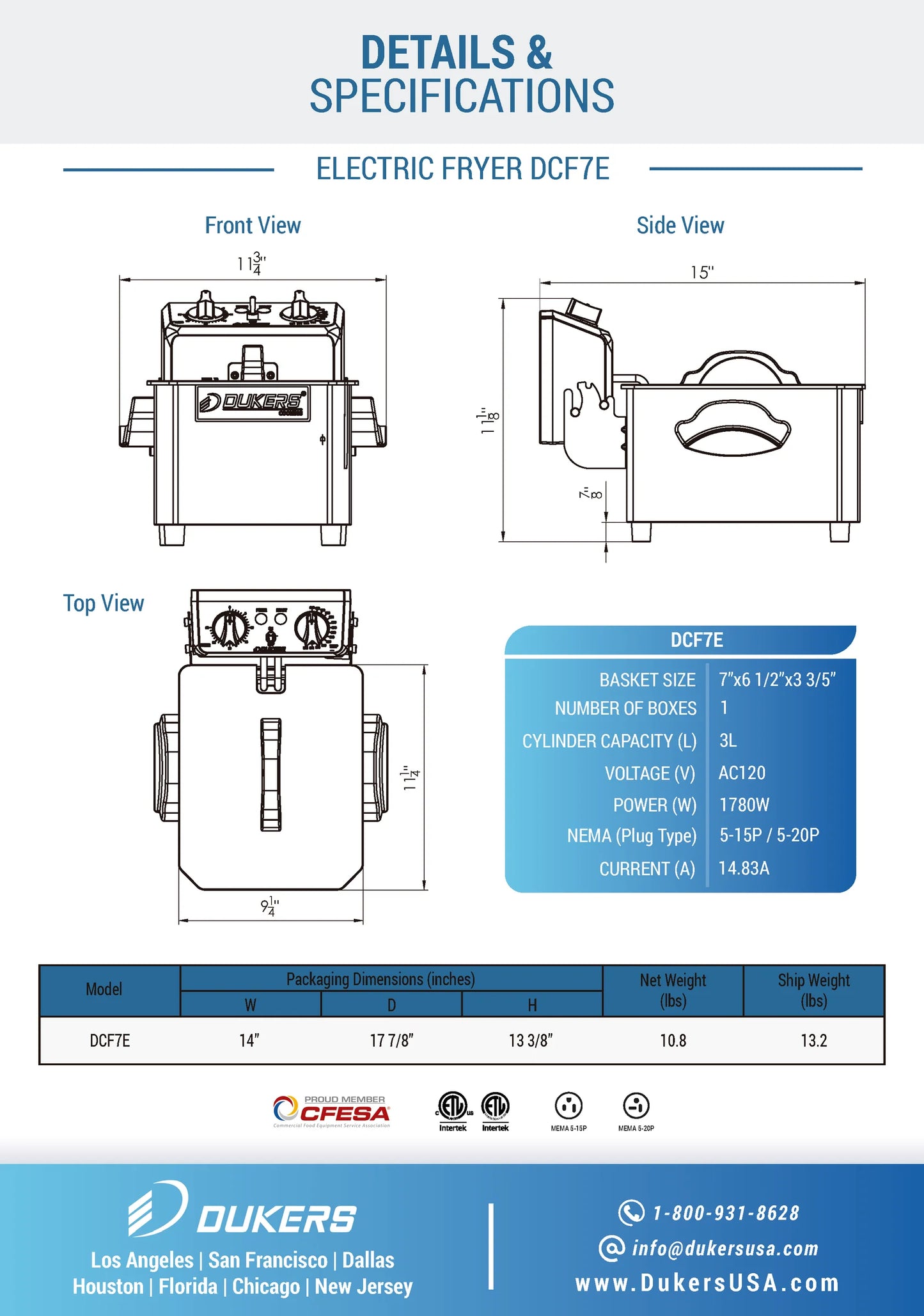 DCF7E 7lb Single Basket Electric Countertop Fryer 120V