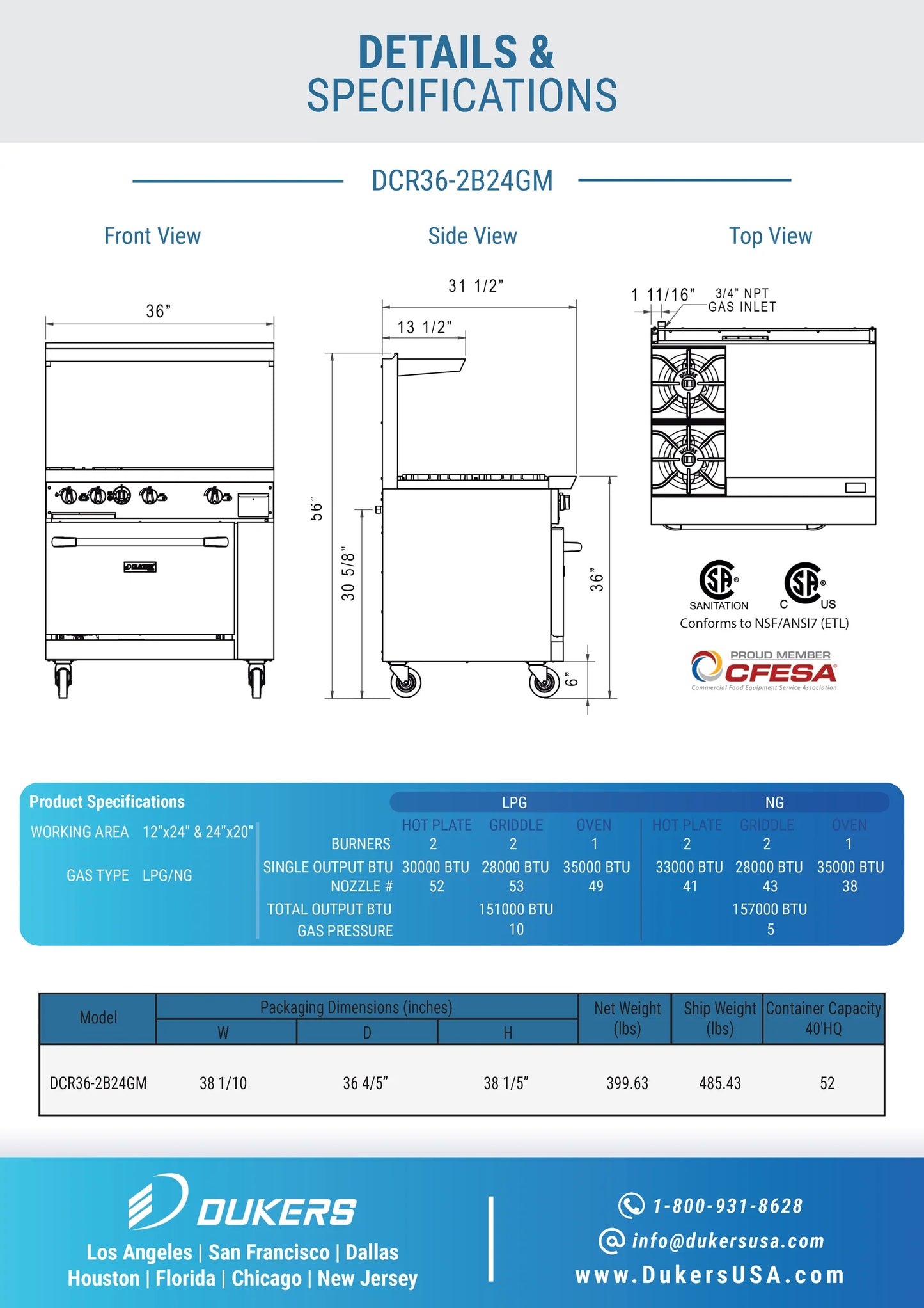 DCR36-2B24GM 36" Gas Range with Two (2) Open Burners & 24" Griddle