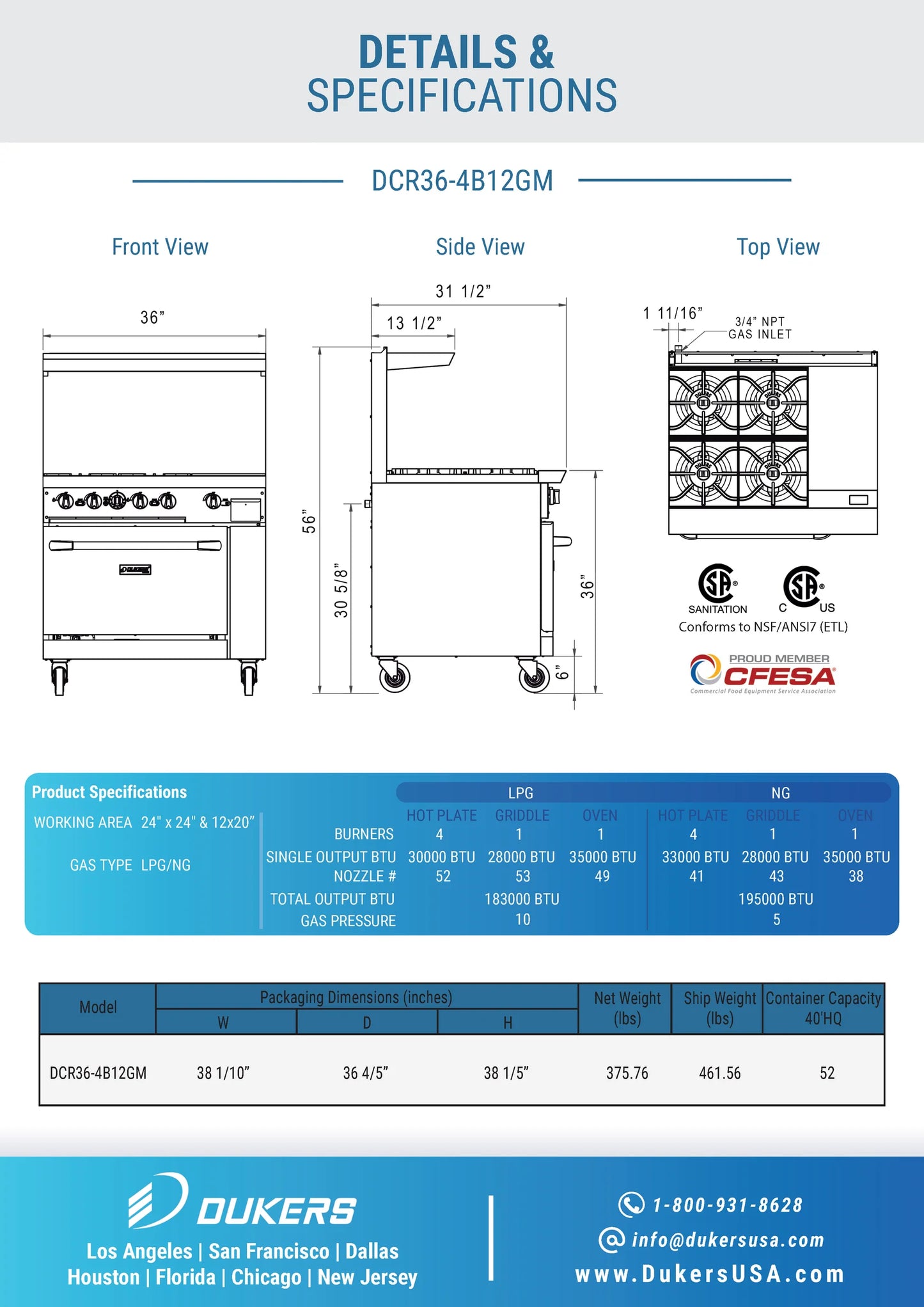 DCR36-4B12GM 36" Gas Range with Four (4) Open Burners & 12" Griddle