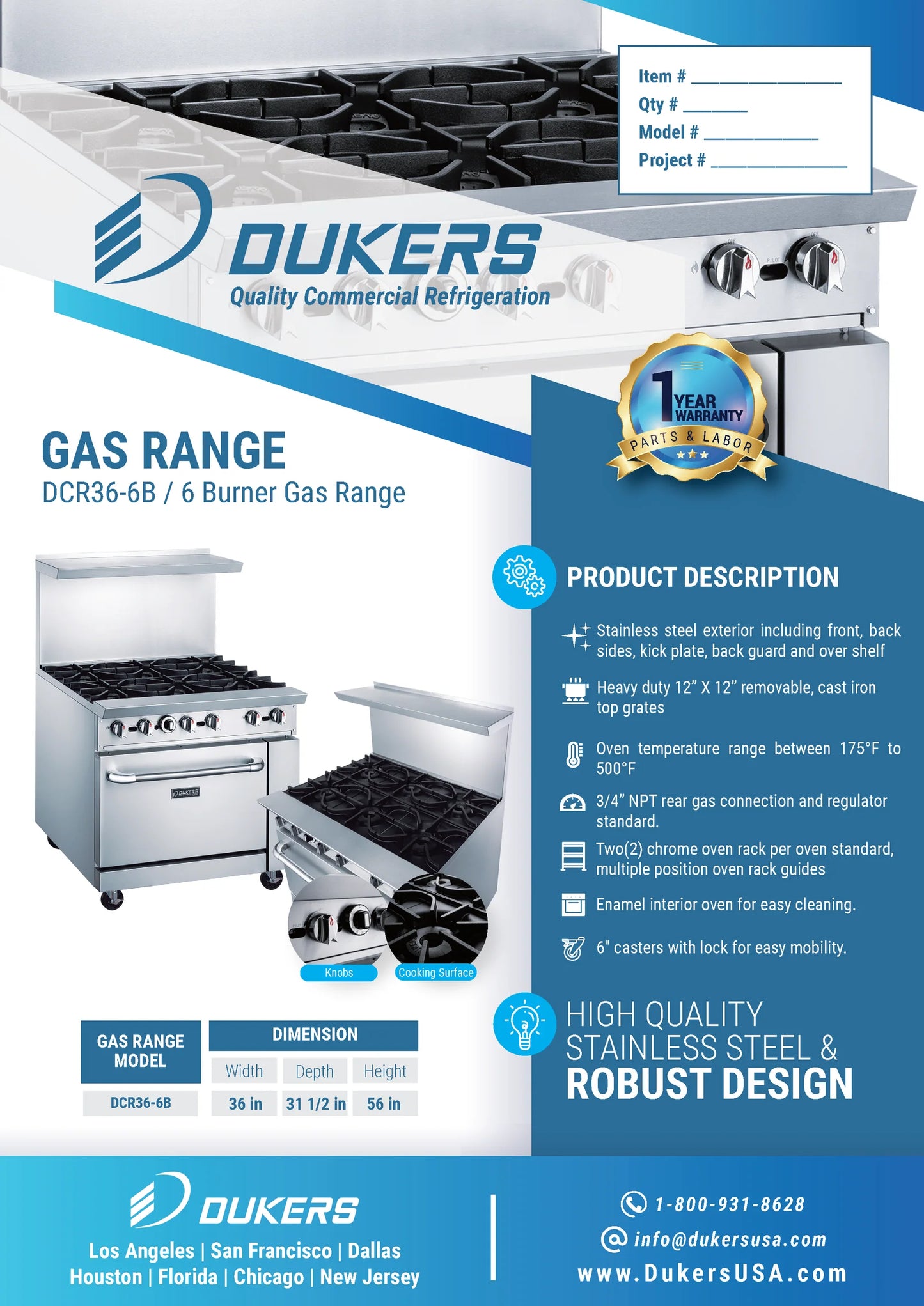 DCR36-6B 36" Gas Range with Six (6) Open Burners