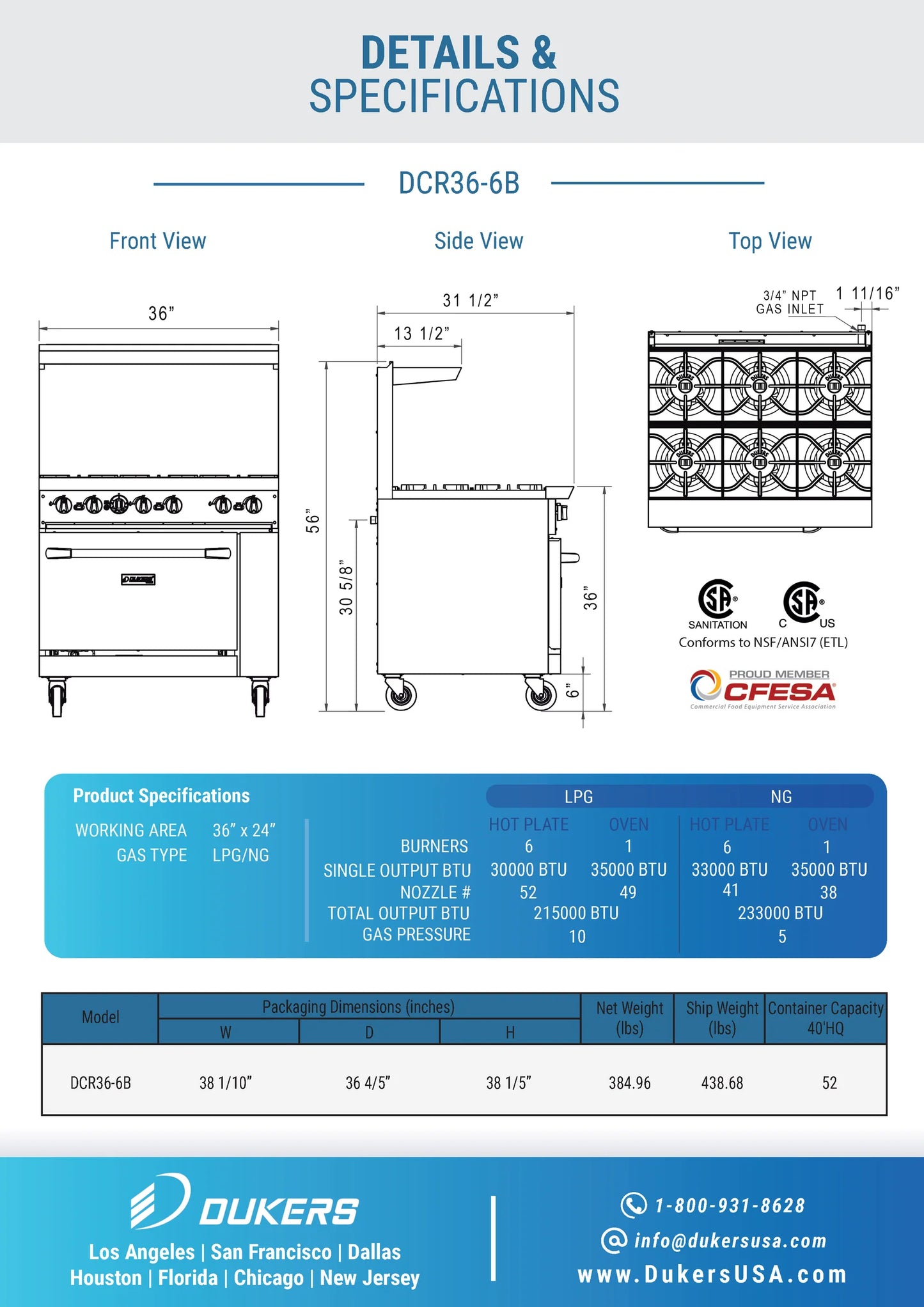 DCR36-6B 36" Gas Range with Six (6) Open Burners