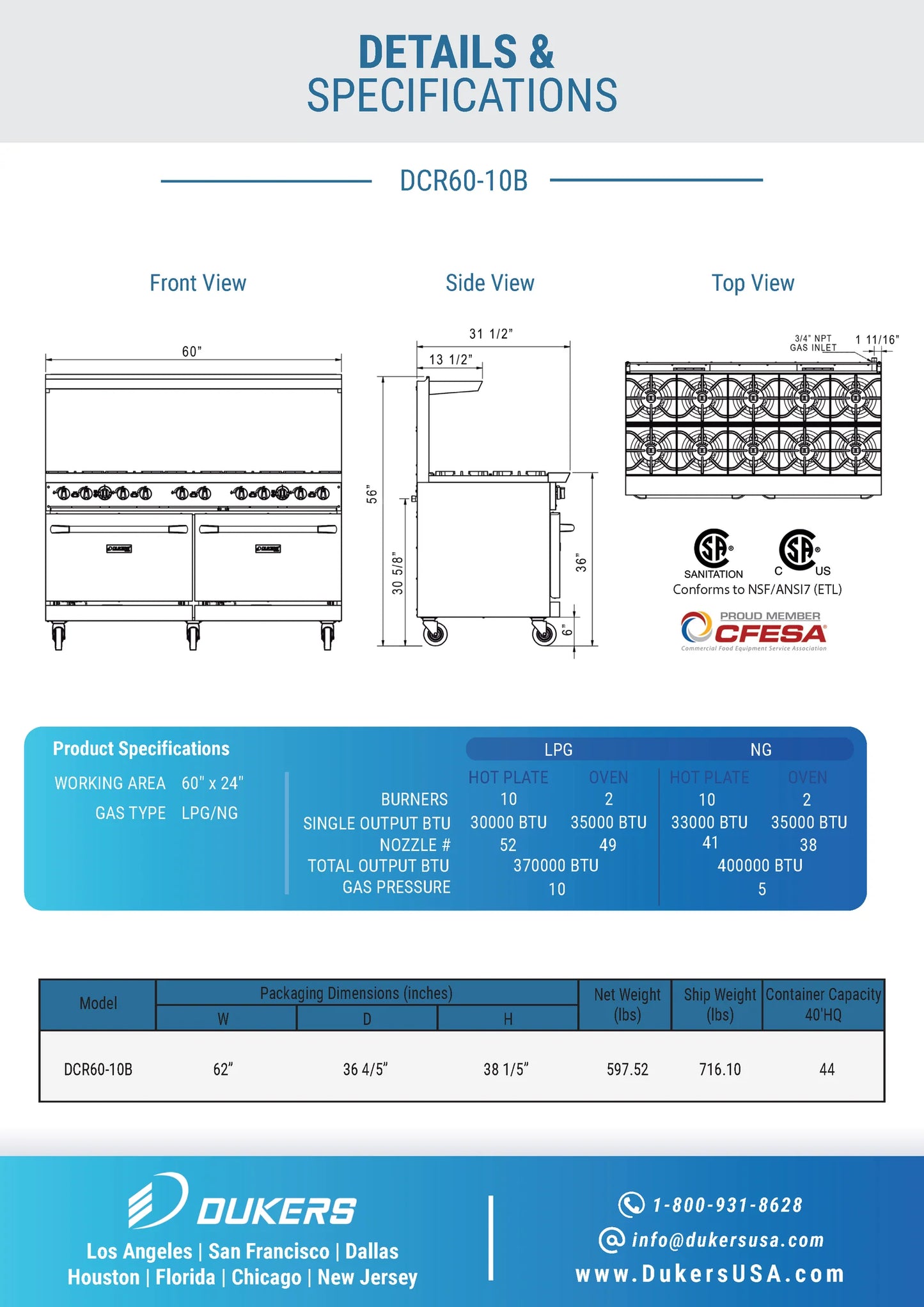 DCR60-10B 60" Gas Range with Ten (10) Open Burners