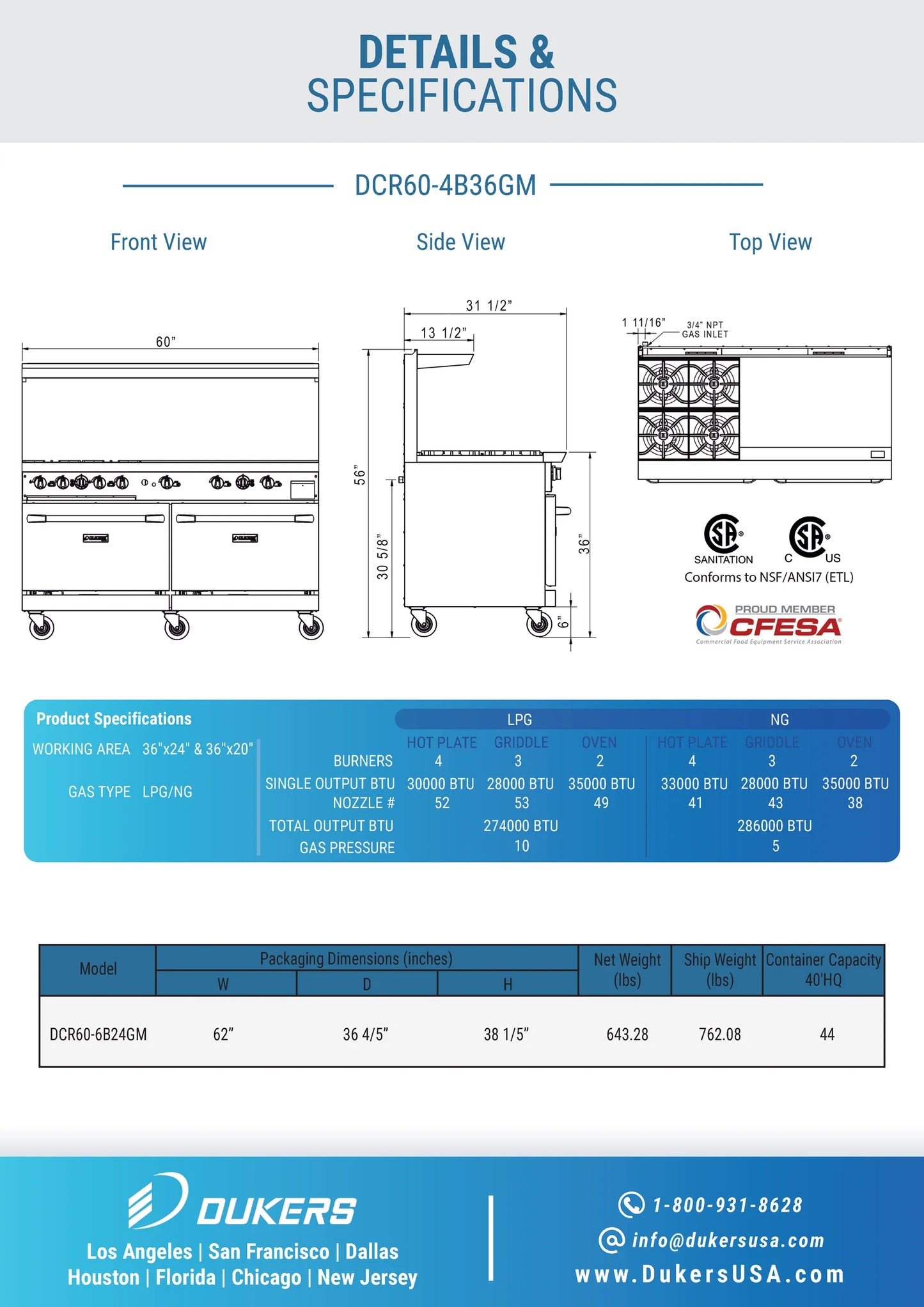 DCR60-4B36GM 60" Gas Range with Four (4) Open Burners & 36" Griddle