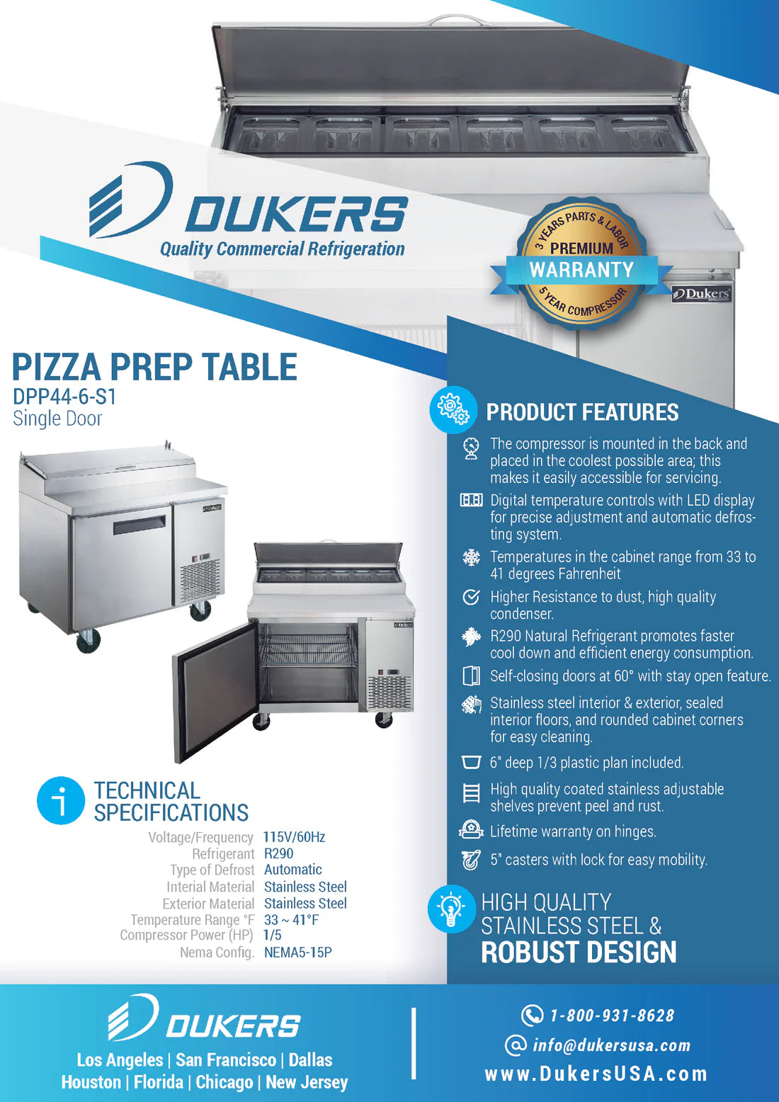 DPP44-6-S1 Commercial Single Door Pizza Prep Table Refrigerator