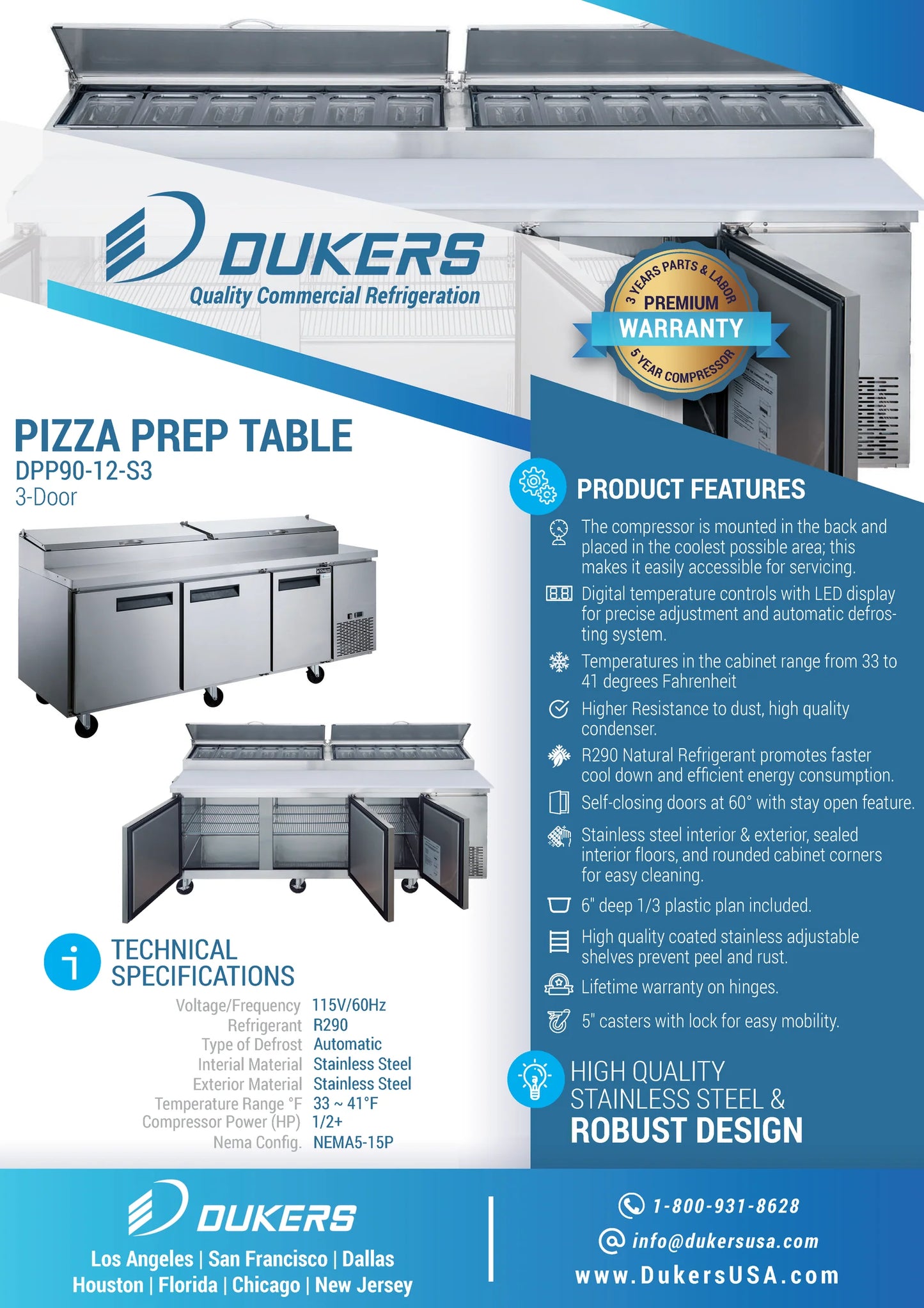 DPP90-12-S3 Commercial 3-Door Pizza Prep Table Refrigerator