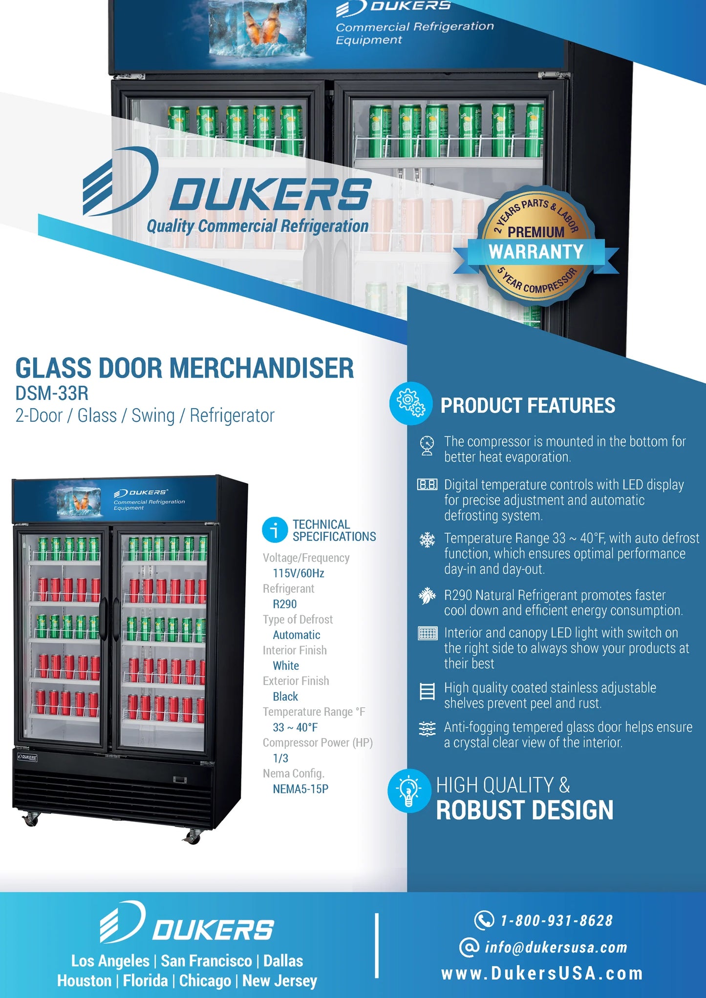 DSM-33R Commercial Glass Swing 2-Door Merchandiser Refrigerator