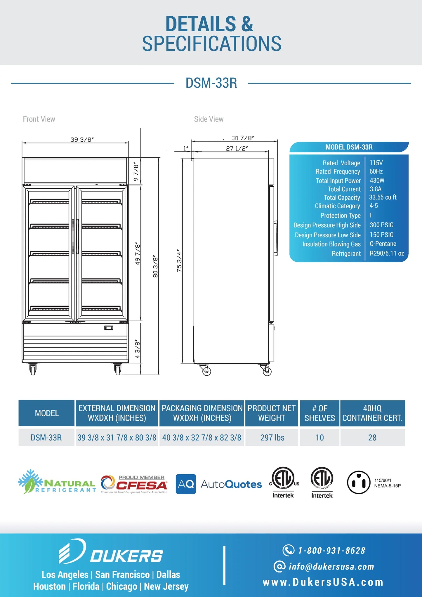 DSM-33R Commercial Glass Swing 2-Door Merchandiser Refrigerator