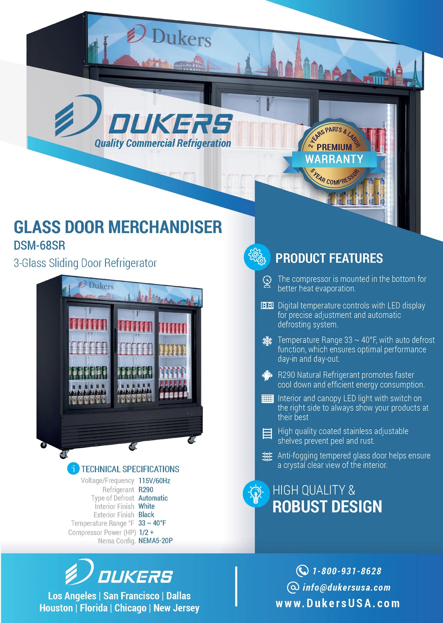 DSM-68SR Commercial Glass Sliding 3-Door Merchandiser Refrigerator