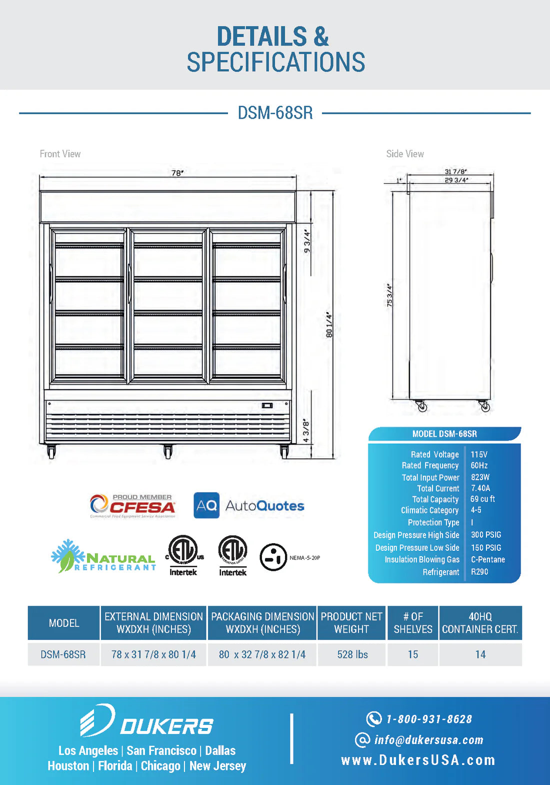 DSM-68SR Commercial Glass Sliding 3-Door Merchandiser Refrigerator