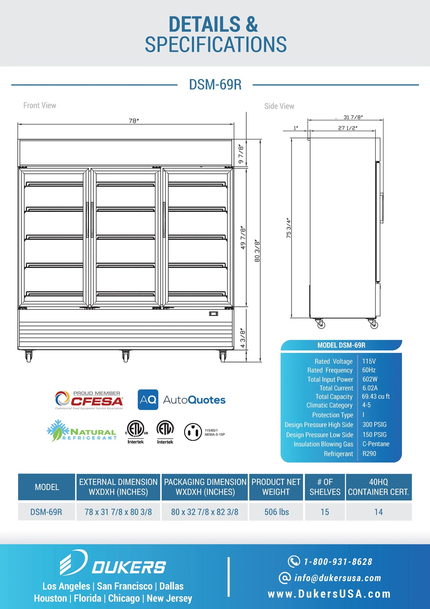 DSM-69R Commercial Glass Swing 3-Door Merchandiser Refrigerator