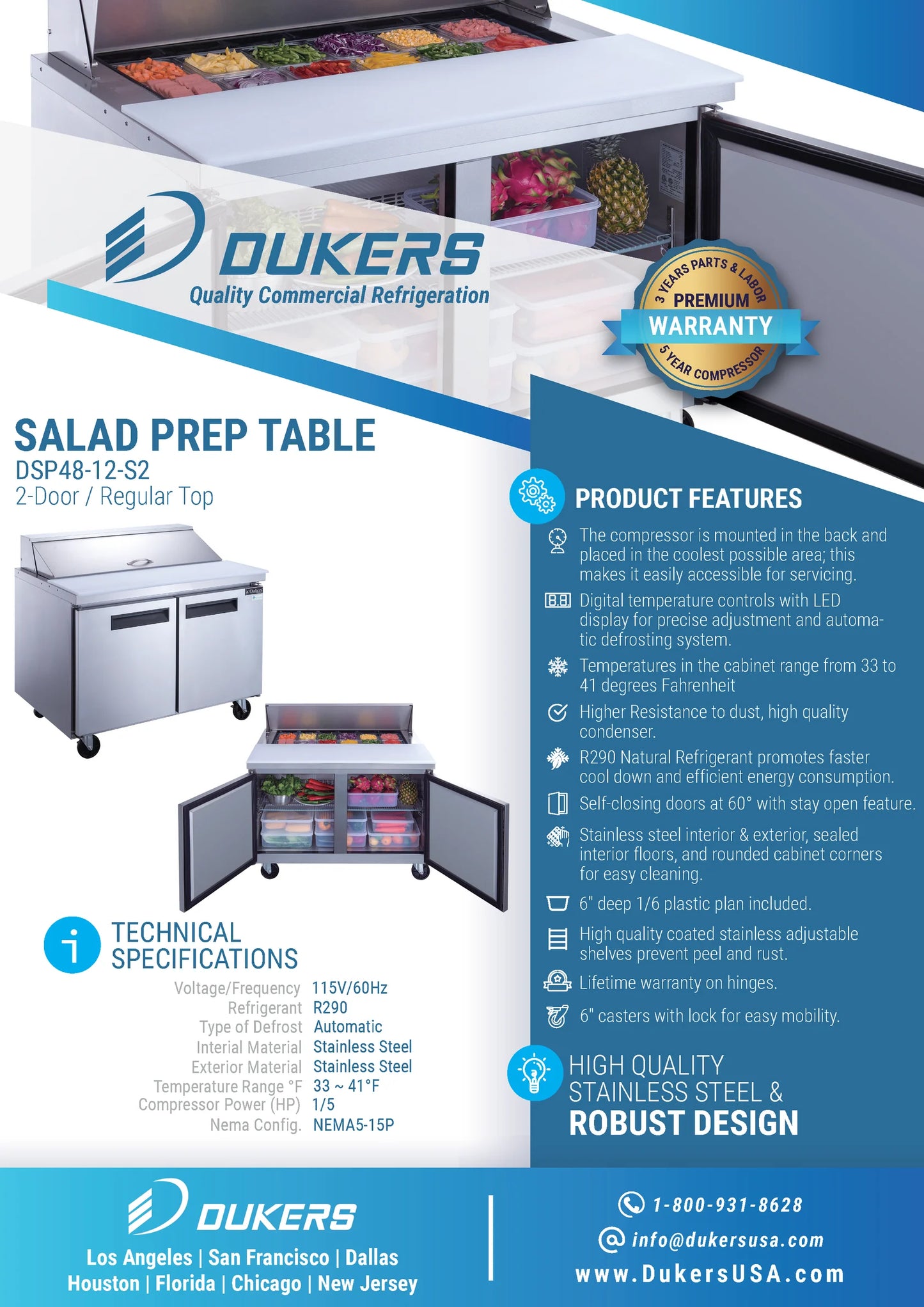 DSP48-12-S2 2-Door Commercial Food Prep Table Refrigerator in Stainless Steel