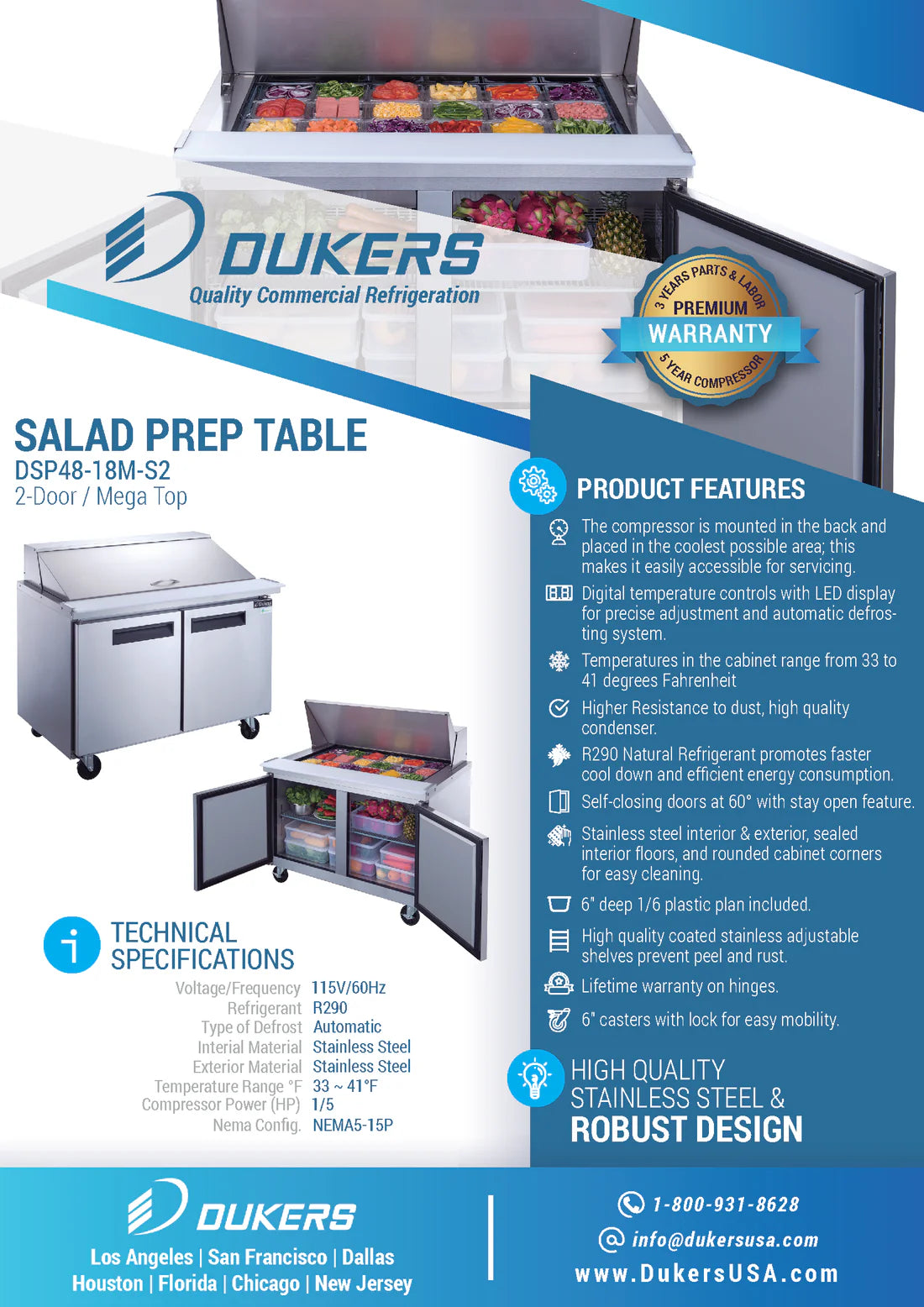 DSP48-18M-S2 2-Door Commercial Food Prep Table Refrigerator in Stainless Steel with Mega Top