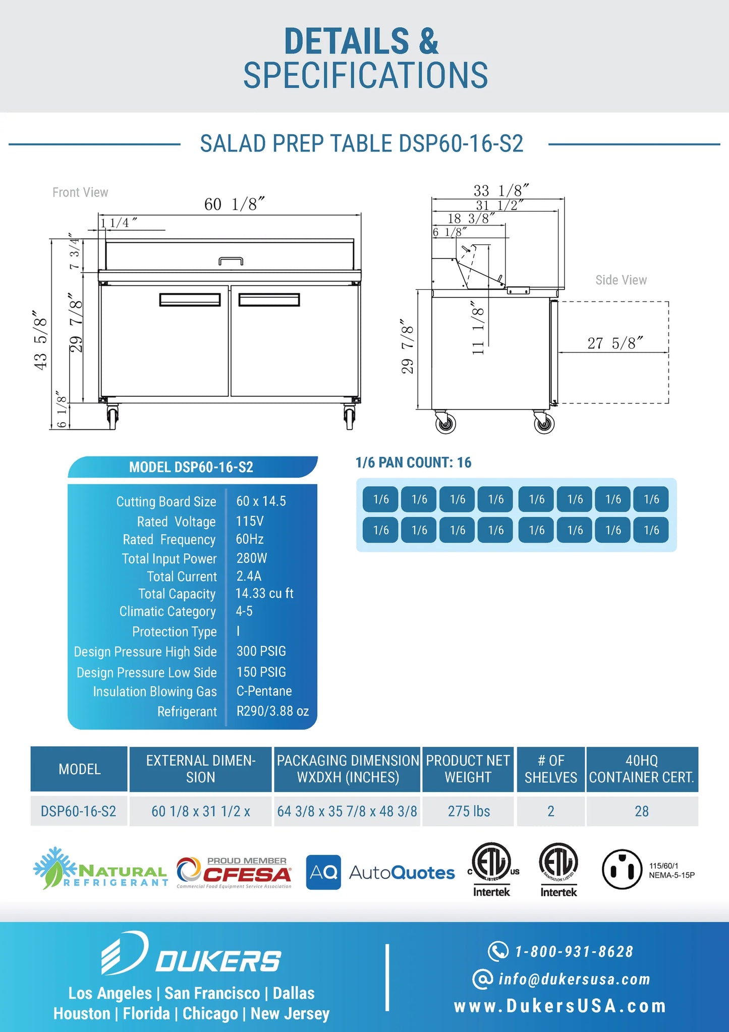 DSP60-16-S2 2-Door Commercial Food Prep Table Refrigerator in Stainless Steel