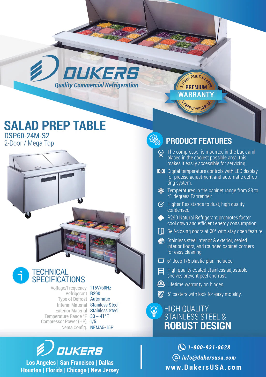 DSP60-24M-S2 2-Door Commercial Food Prep Table Refrigerator in Stainless Steel with Mega Top