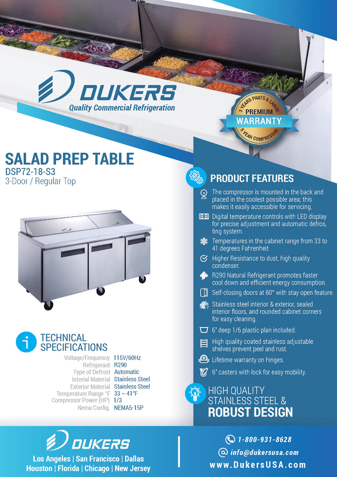 DSP72-18-S3 3-Door Commercial Food Prep Table Refrigerator in Stainless Steel