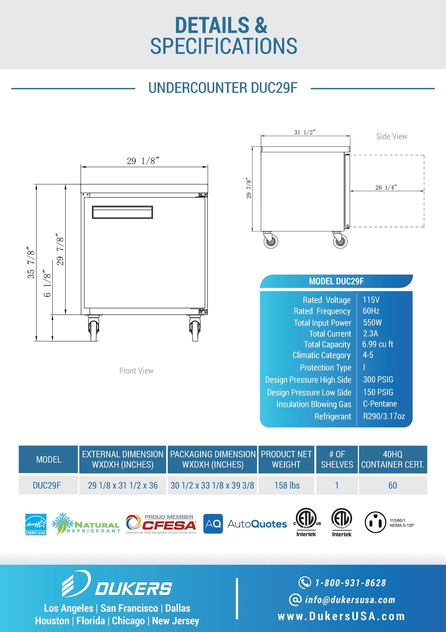 DUC29F Single Door Undercounter Freezer in Stainless Steel