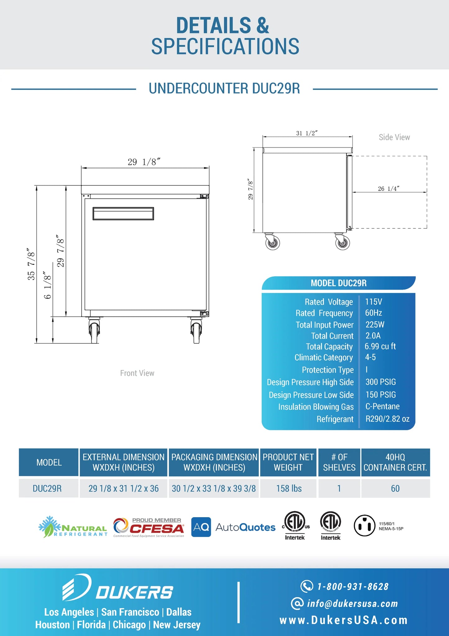 DUC29R Single Door Undercounter Refrigerator in Stainless Steel