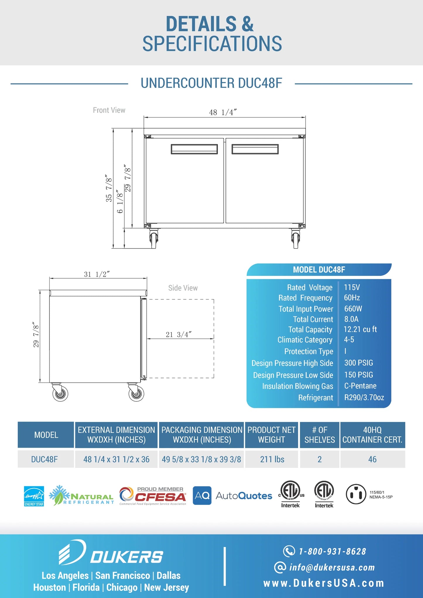 DUC48F 2-Door Undercounter Freezer in Stainless Steel