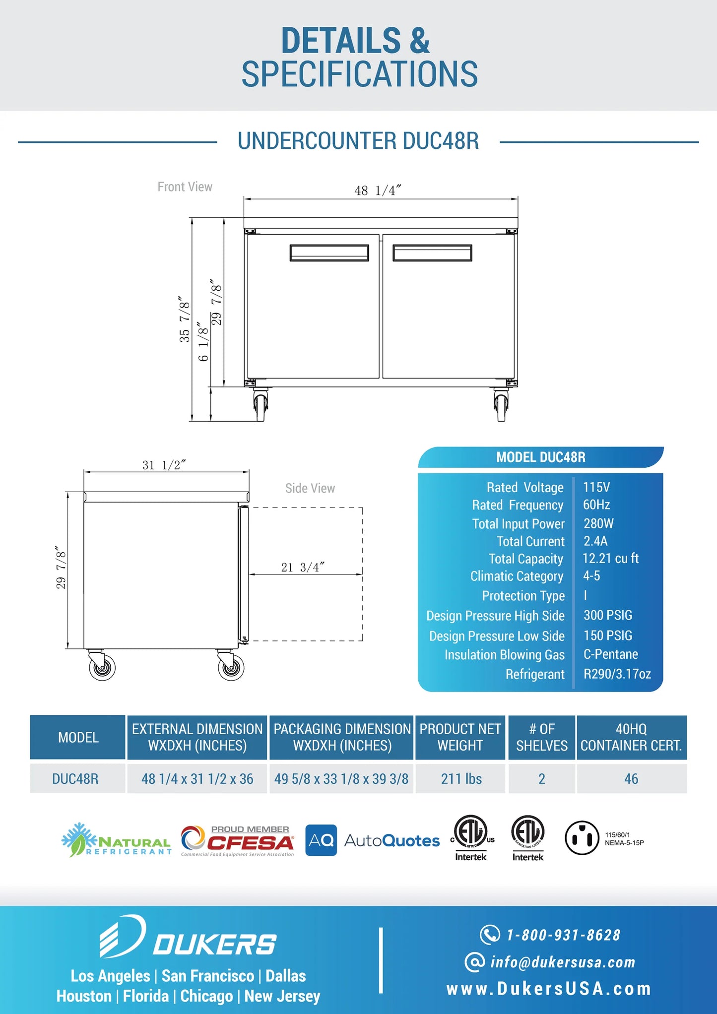 DUC48R 2-Door Undercounter Refrigerator in Stainless Steel