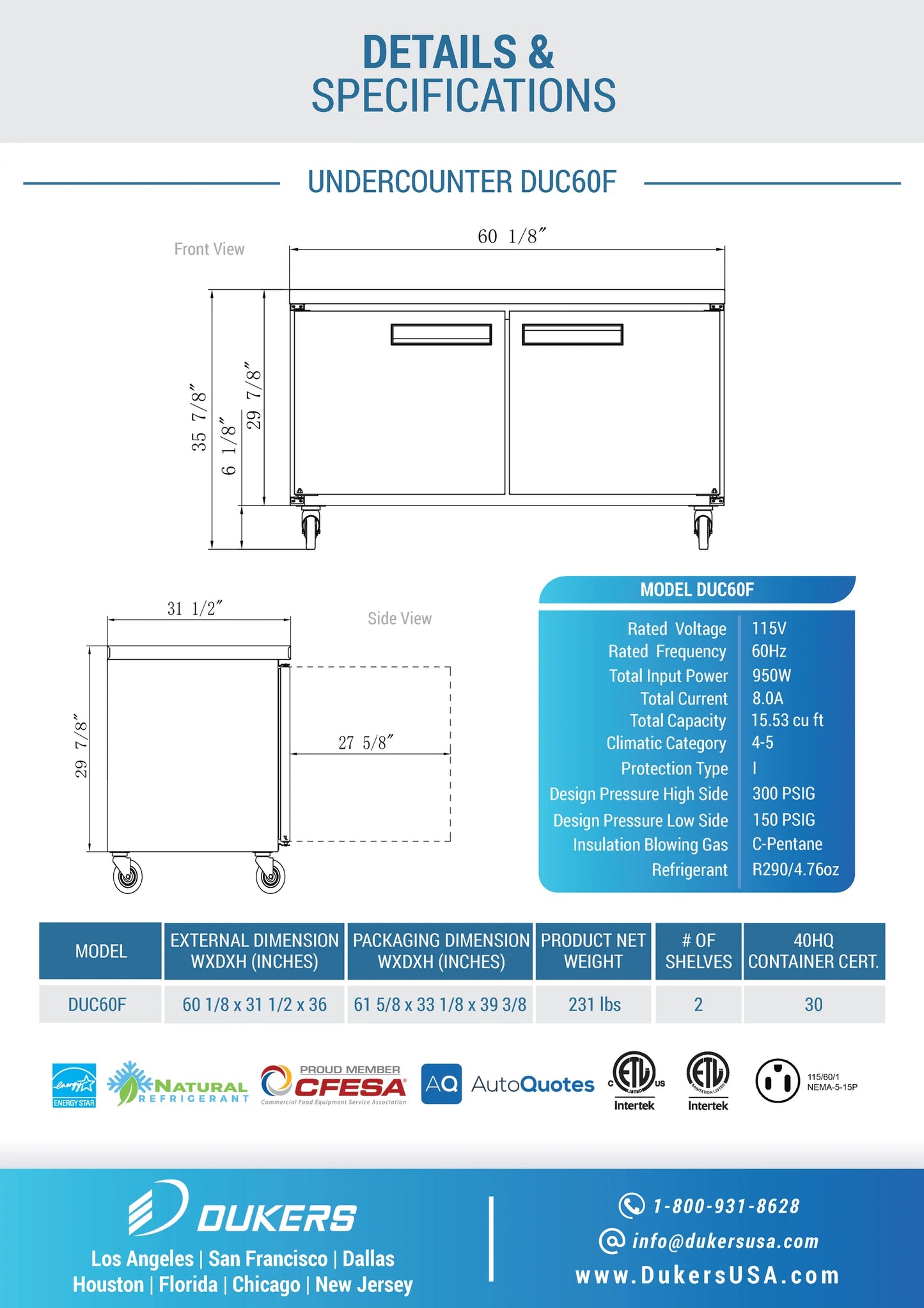 DUC60F 2-Door Undercounter Commercial Freezer in Stainless Steel