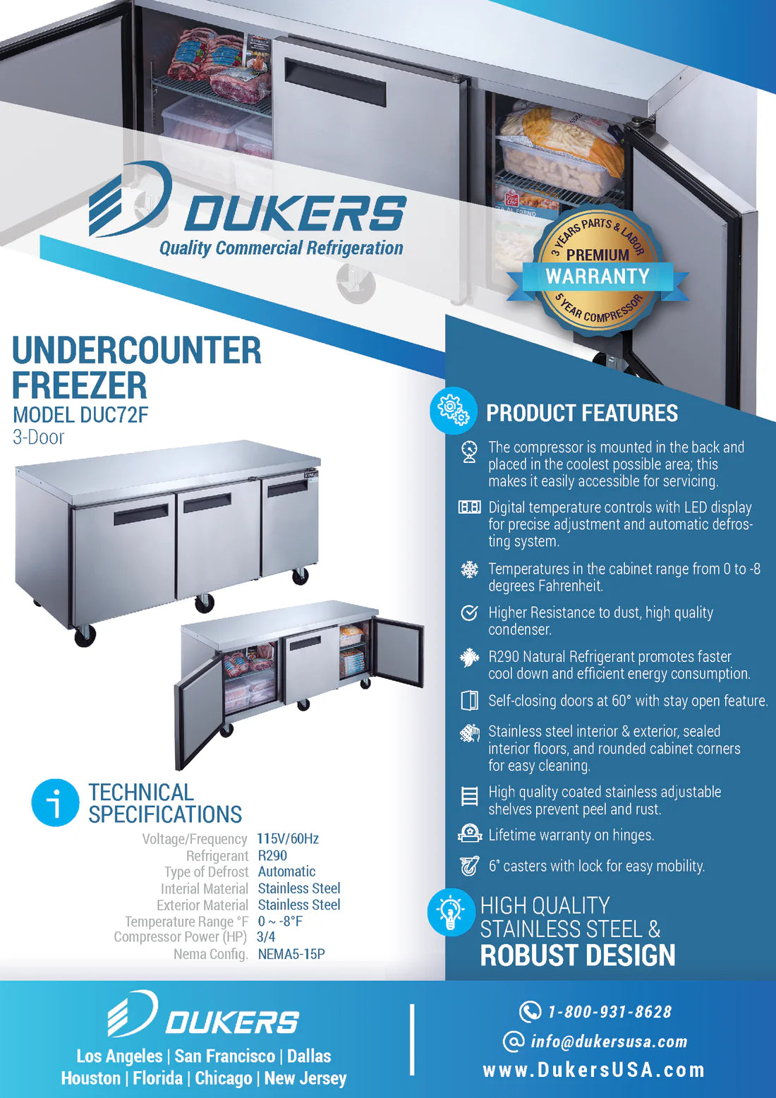 DUC72F 3-Door Undercounter Commercial Freezer in Stainless Steel