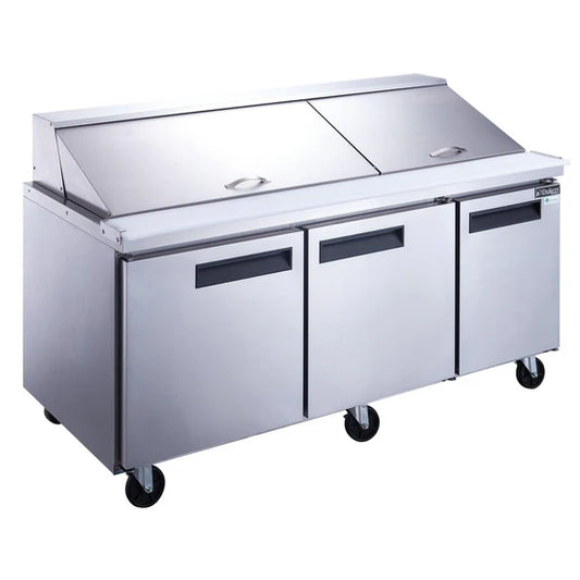 DSP72-30M-S3 3-Door Commercial Food Prep Table Refrigerator in Stainless Steel with Mega Top